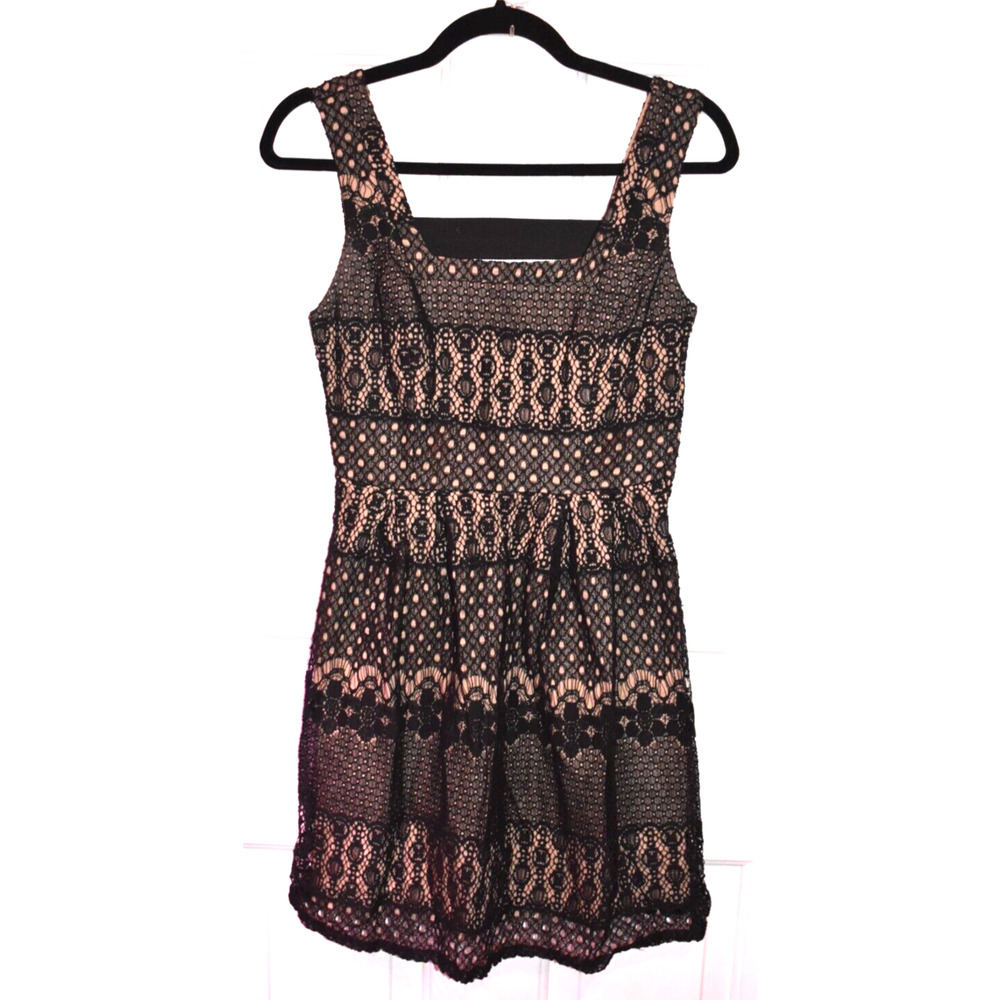 FISHBOWL Lace Sleeveless Party Dress | Black & Tan | Square Neck A-Line | Small